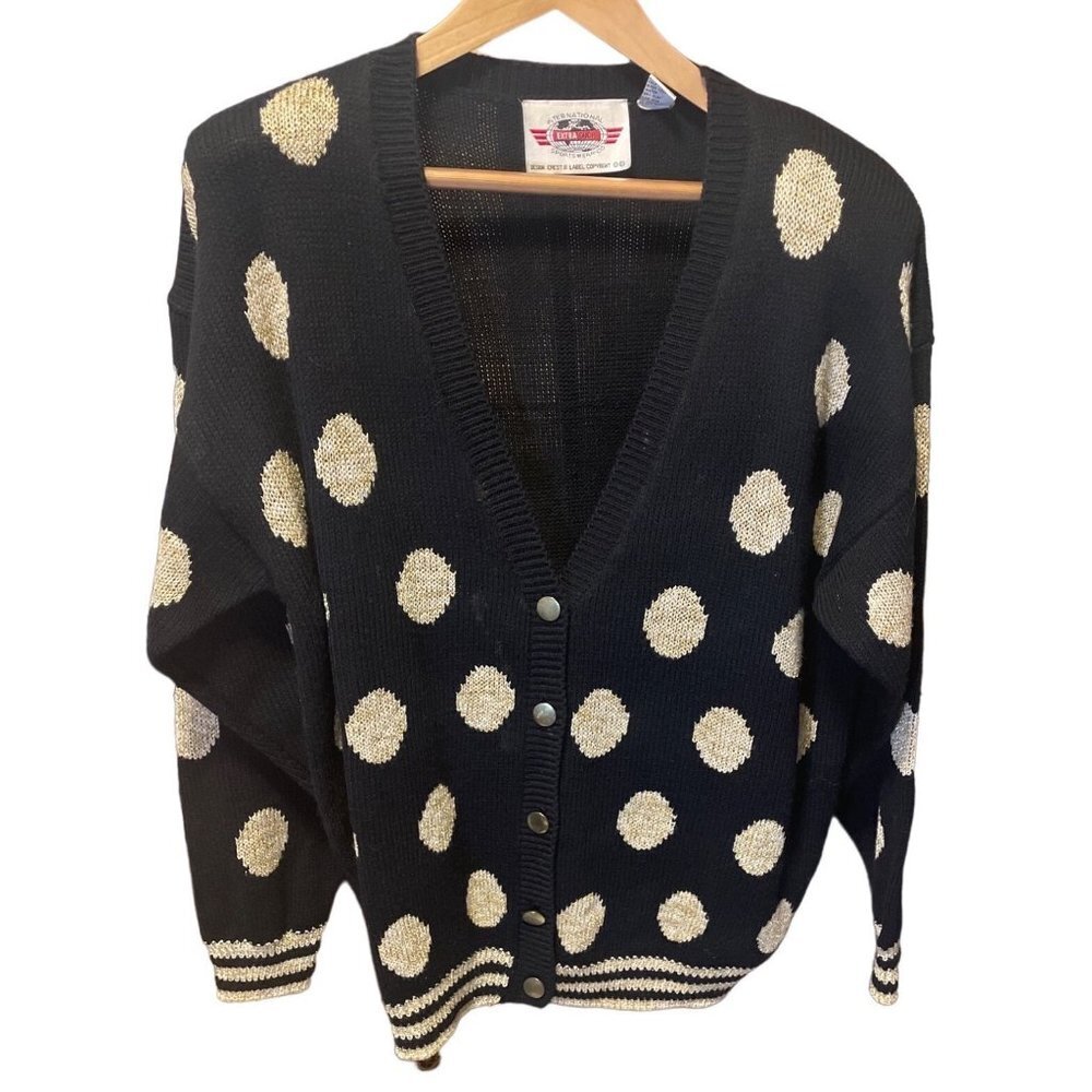Vintage Polka Dot Sz 18 Black Gold nternational Sportswear Metallic Cardigan